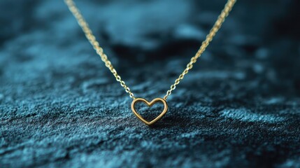 A beautiful gold heart outline necklace, glowing softly against a sleek onyx gray background