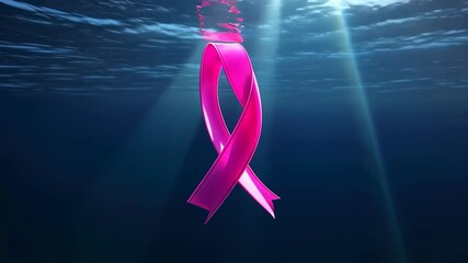 Symbolic pink ribbon underwater representing hope and awareness