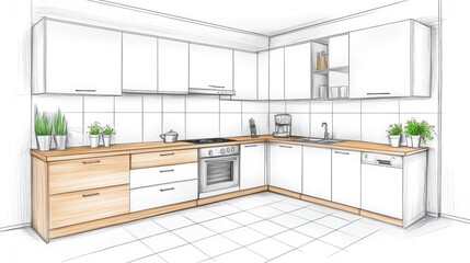 Fototapeta premium Modern Kitchen Design Sketch: A Corner Kitchen with Light Wood Accents and White Cabinets