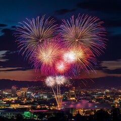 Spectacular Night Fireworks Display Over a City Skyline with Colorful Explosions Illuminating the Night