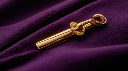 A detailed close-up of a luxury gold-plated suit jacket clip, placed on a deep plum background