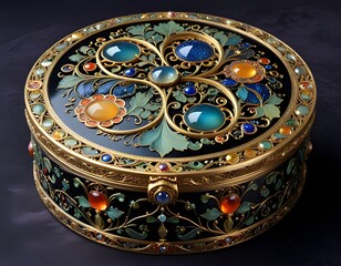 art nouveau round box in gold with ornate decorative patterns on a dark background