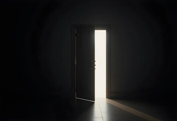 A single door slightly open in darkness, with soft light shining through. A minimalist concept symbolizing hope, new possibilities, and opportunities, ideal for mental health and motivation themes.