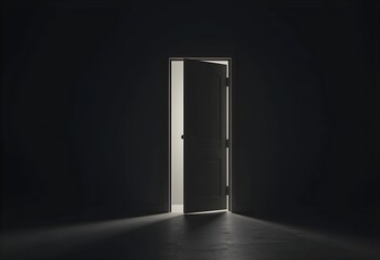 A single door slightly open in darkness, with soft light shining through. A minimalist concept symbolizing hope, new possibilities, and opportunities, ideal for mental health and motivation themes.