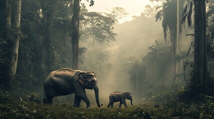 Naklejka premium Borneo Pygmy Elephant calf walking beside its mother in a misty rainforest their small rounded frames contrasting with towering trees