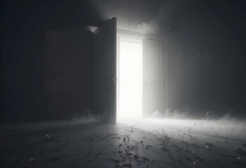 A single door slightly open in darkness, with soft light shining through. A minimalist concept symbolizing hope, new possibilities, and opportunities, ideal for mental health and motivation themes.