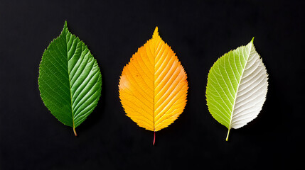 Obraz premium Three Leaves Showing Seasonal Color Change on Black Background