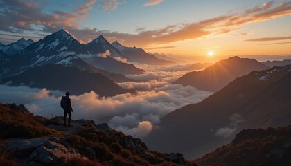 Adventurous Hiker at Sunrise Majestic Mountain Peaks and Cloudscape