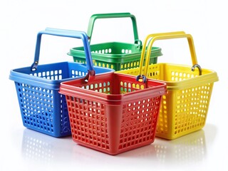 Fototapeta premium Colorful Empty Shopping Baskets: Grocery & Retail Background