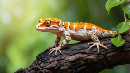 Obraz premium A vibrant gecko perched on a textured tree trunk, surrounded by lush green foliage.