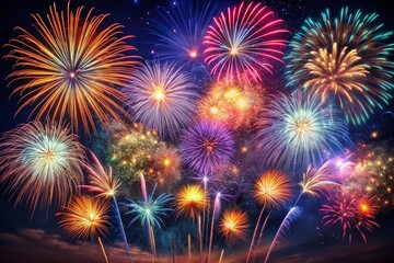 Fototapeta premium Colorful Fireworks Explosions: Festive Night Sky Celebration