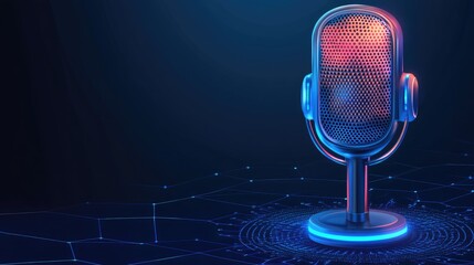 A futuristic holographic microphone with glowing elements, set on a sci-fi-inspired blue background