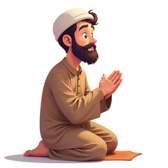 Cartoon muslim man wearing ihram clothing and praying