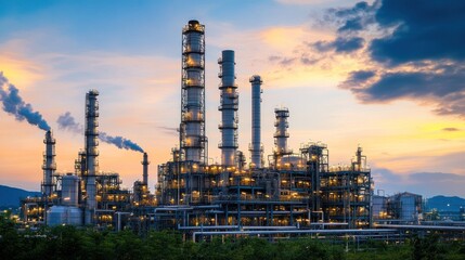 Fototapeta premium Majestic Industrial Sunset, Oil Refinery at Dusk
