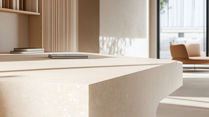 Modern minimalist office, 9:16 aspect ratio, bright and inviting, focus on desk with beige linoleum surface, rubberized texture with unique light reflection, soft ambient lighting, clean workspace, su
