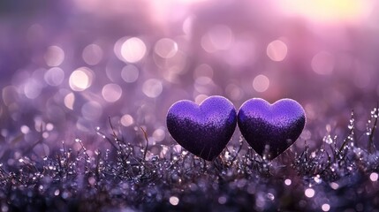 Fototapeta premium Two Purple Hearts in a Dewy Field at Dawn: A Romantic Valentine's Day Image