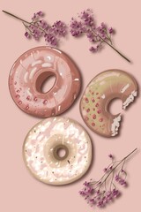 Illustration of pink glaze donuts and flowers on pink background, pxl 3500x3500