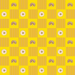Seamless cute pattern with glazed donuts and checkered elements on yellow background, pxl 5000x5000