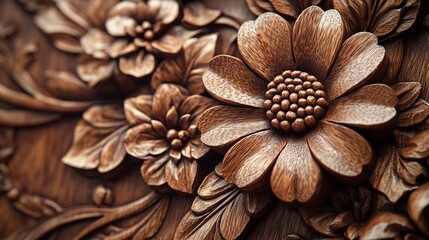 Intricate Wooden Floral Carving Dark Brown Rich Texture Detailed Craftsmanship Elegant Design Natural Wood Panel Beautiful Flowers Intricate Patterns 