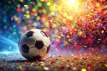 Fototapeta premium Colorful Soccer Ball with Confetti Exploding - Stock Photo