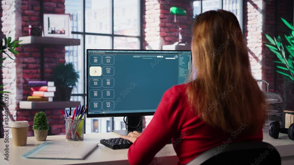 Fototapete Technician employs AI chatbot on pc monitor and executing programming code. IT freelance expert using coding software and artificial intelligence to write and test code in her apartment. Camera B.