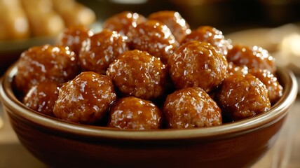 Sweet and Savory Meatballs in Brown Bowl