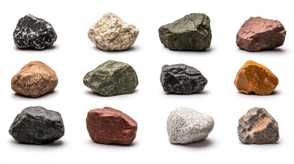Twelve Assorted Rocks on White Background: A Collection of Diverse Stones