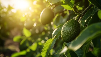 Avocado tree with ripe fruits in sunlight, warm and fresh agriculture concept