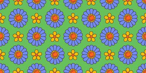 Vibrant seamless floral pattern with retro and playful design. Contrasting hues, groovy aesthetic hippie culture 60s and 70s for fashion, interior design branding, textiles or wrapping paper