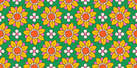 Vibrant seamless floral pattern with retro and playful design. Contrasting hues, groovy aesthetic hippie culture 60s and 70s for fashion, interior design branding, textiles or wrapping paper