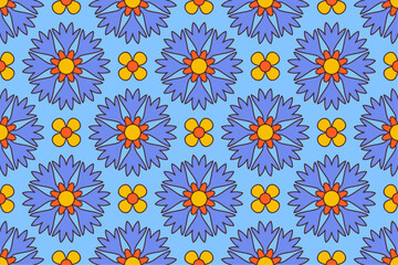 Vibrant seamless floral pattern with retro and playful design. Contrasting hues, groovy aesthetic hippie culture 60s and 70s for fashion, interior design branding, textiles or wrapping paper
