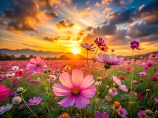 Fototapeta premium Cosmos Flower Field Sunset Landscape - Tilt-Shift Miniature Photography