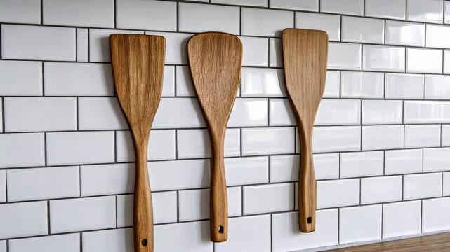 Wooden spatulas hanging on a modern kitchen wall