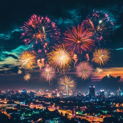 Spectacular Night Fireworks Display Over a City Skyline with Colorful Explosions Illuminating the Night