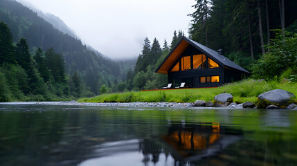 Fototapeta premium Enchanted Wooden House by a River in a Fantasy Forest