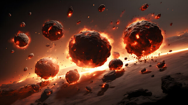 Spectacular scene of asteroids exploding in space illuminated by nearby suns captured in astounding detail depicting the cosmic dance of celestial bodies.