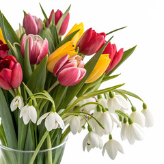 Fototapeta premium Vibrant spring bouquet featuring red, pink, yellow tulips and delicate snowdrops in clear vase