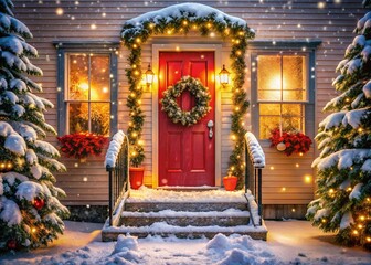 Fototapeta premium Cozy Christmas Porch: Double Exposure of Snowy Night & Festive Red Door
