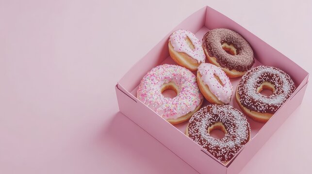 A square box filled with assorted donuts, including chocolate, glazed, and sprinkled, placed on a pastel pink background