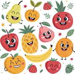 Retro Groovy Fruit Character Mascots Collection with Happy Smiling Faces Vector