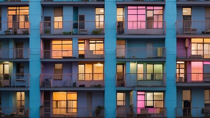 A close-up view of a multi-story apartment building facade,