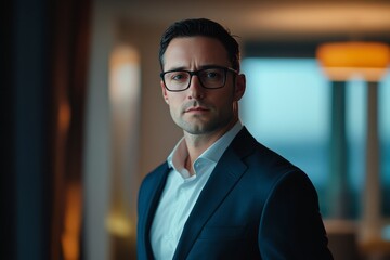 Fototapeta premium Serious Business Man in Suit & Glasses Looks At Viewer With Intensity