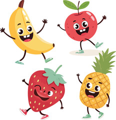 Retro Groovy Fruit Character Mascots Collection with Happy Smiling Faces Vector