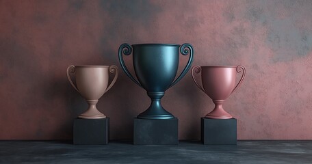 Three glossy trophies in vibrant colors stand on black bases, showcasing their elegant designs against a textured wall