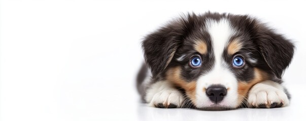Fototapeta premium Adorable Australian Shepherd puppy with striking blue eyes resting on a white surface