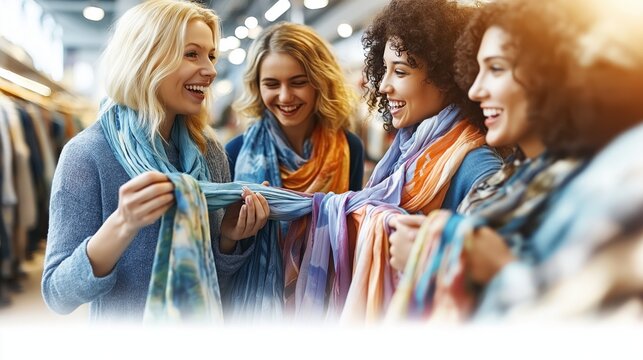 Diverse group of women joyfully shopping for colorful scarves in a retail store with bright lighting