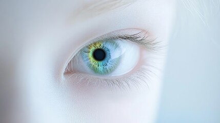 A unique heterochromatic human eye with one half blue and the other half green, set against a soft pastel gradient