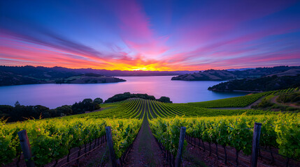 Naklejka premium Golden Sunset Over Vineyard Lake Landscape