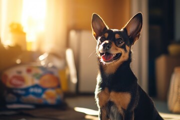 Happy brown and black Chihuahua mix dog sits in sunlight in a cozy room, smiling with its tongue out and big ears.