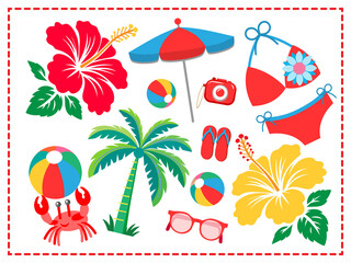 Fototapeta premium ビキニ■ハイビスカス＆ヤシの木■夏素材のイラストセット
